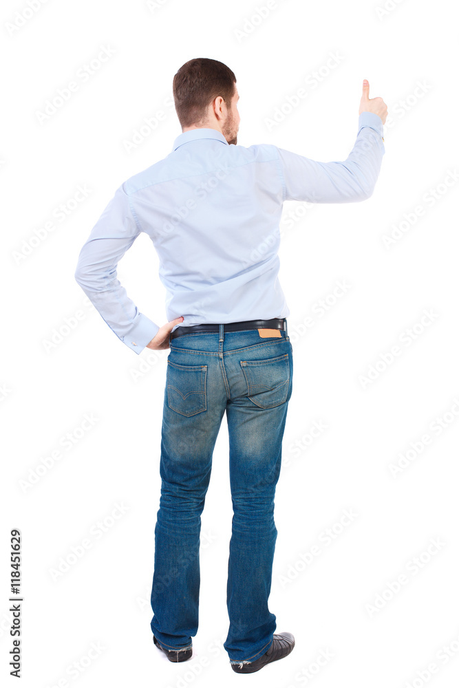 Back view of business man shows thumbs up. Rear view people collection. cheerful office worker shows positive emotions. backside view of person. Isolated over white background. businessman in Back view of business man shows thumbs up. Rear view people collection. cheerful office worker shows positive emotions. backside view of person. Isolated over white background. businessman in