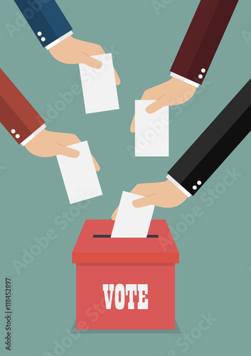 Businessmen putting papers in the ballot box