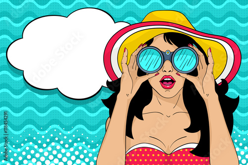 Wow pop art female face. Sexy surprised girl in hat with open mouth holding binoculars in her hands and speech bubble. Vector colorful summer background in pop art retro comic style.