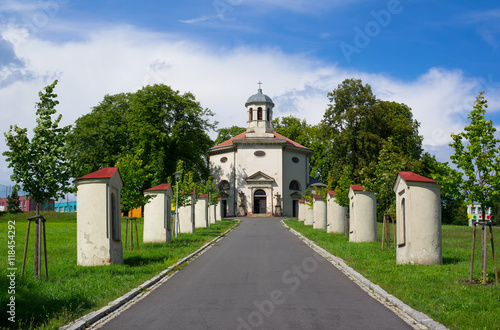 Church of Saint Henry ( Kostel svateho JIndricha ), Petrvald,  Czech Republic / Czechia - church made in empire style and way of the cross / stations of the cross in front of it photo