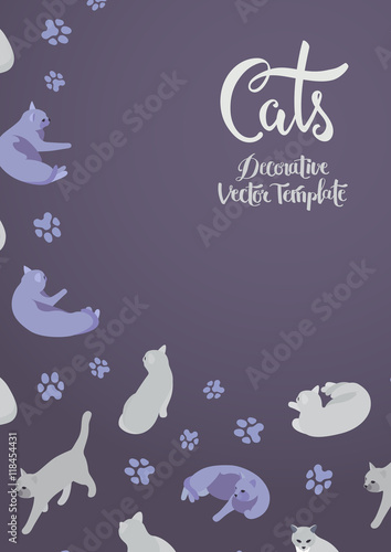 Vector decorating design with the cats. Colorful card template with copy space