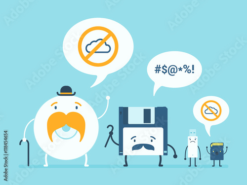 Old memory storages against the cloud data service. Cartoon flat design vector conceptual illustration