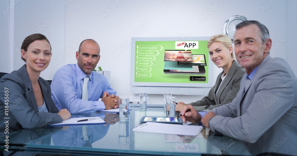 Obraz premium Composite image of business team looking at white screen