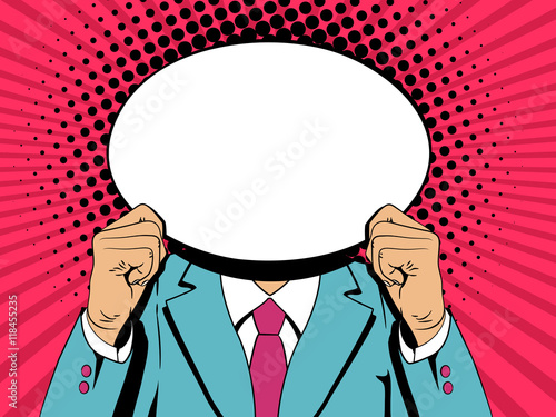 A man in a suit holding a plate instead of his head. Vector background in retro comic pop art style.