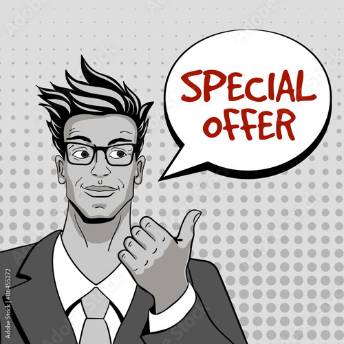 Special offer. Young hansome man in glasses looking and pointing at speech bubble. Vector illustration in retro comic style. Vector pop art background.