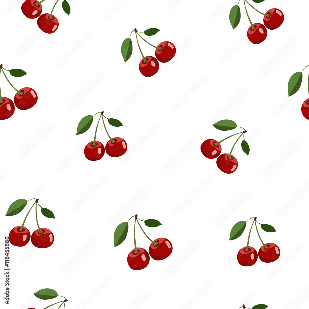 Pattern of red small cherry stickers same sizes with leaves on white background Pattern of red small cherry stickers same sizes with leaves on white background
