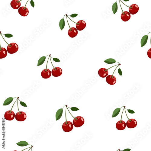Pattern of red small cherry stickers same sizes with leaves on white background
