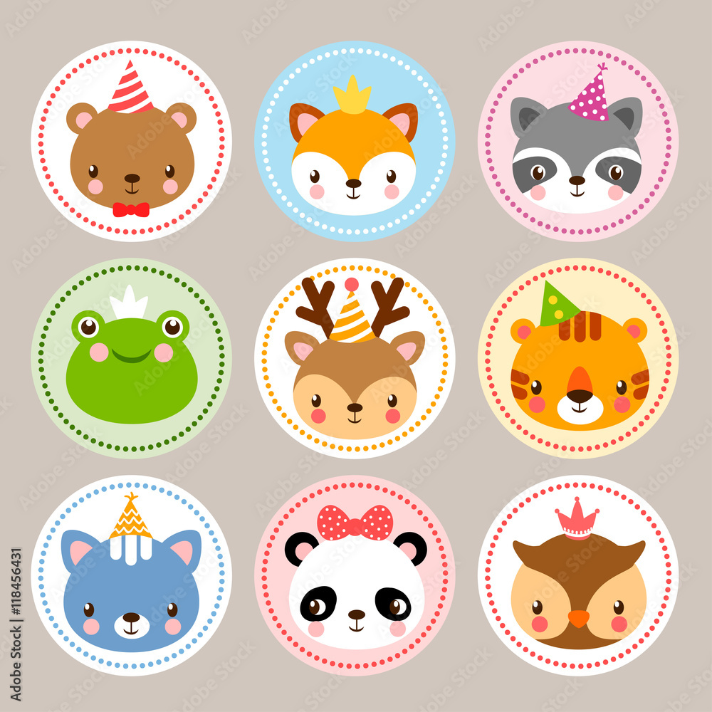Funny stickers with animals to birthday. Vector set with wild animals in cartoon style. Children s illustration with baby animals. Funny stickers with animals to birthday. Vector set with wild animals in cartoon style. Children s illustration with baby animals.