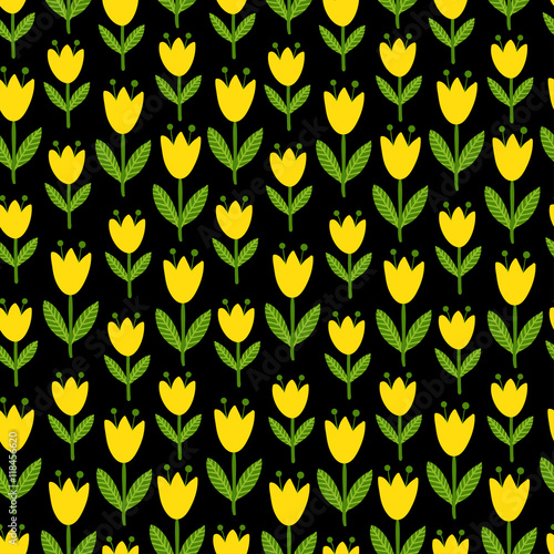 Vector illustration seamless with yellow tulips on a black background. Flower patern.