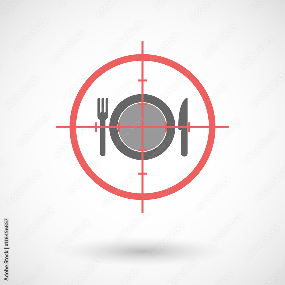 Isolated line art crosshair icon with a dish, knife and a fork Isolated line art crosshair icon with a dish, knife and a fork