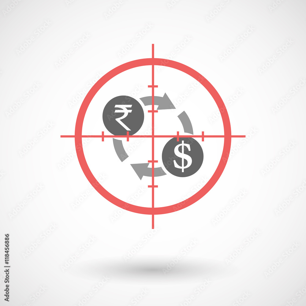 Isolated line art crosshair icon with a rupee and dollar exchan Isolated line art crosshair icon with a rupee and dollar exchan