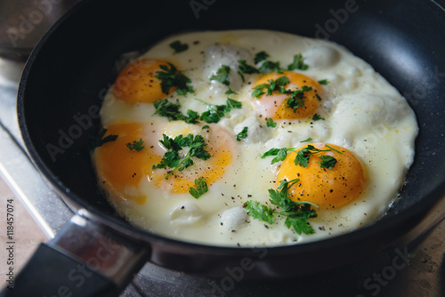  fried eggs seasoned with herbs and pepper in an  metal pan and ready to be served for a delicious breakfast