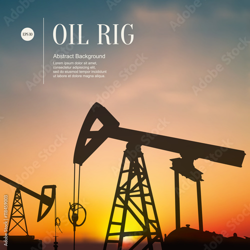 Oil rigs extract oil at sunset. Sketch stylized background