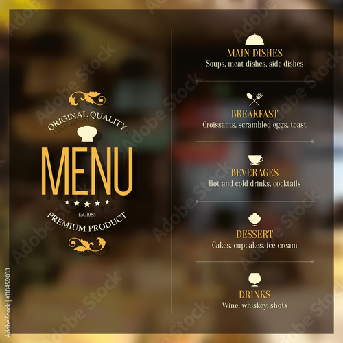 Restaurant menu design. Vector menu brochure template for cafe, coffee house, restaurant, bar. Food and drinks logotype symbol design. With chef hat, fork and spoon