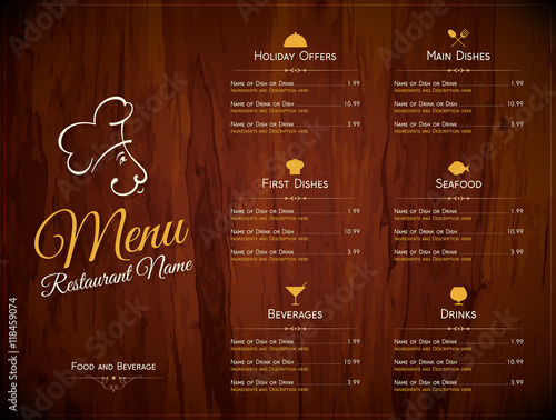 Restaurant menu design. Vector menu brochure template for cafe, coffee house, restaurant, bar. Food and drinks logotype symbol design. With chef hat, fork and spoon