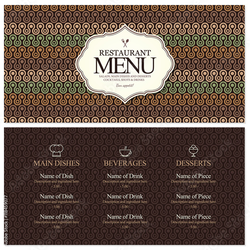 Restaurant menu design. Vector menu brochure template for cafe, coffee house, restaurant, bar. Food and drinks logotype symbol design. With chef hat, fork and spoon