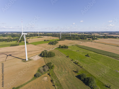 Wind turbines in Suwalki. Poland. View from above. Summer time.