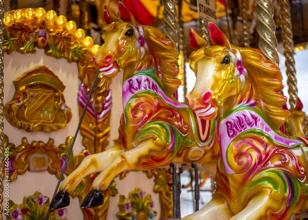 Detail of brightly coloured carousel horses, Liverpool, England