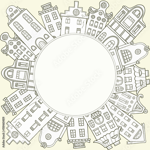 Decorative frame of hand-drawn and colored houses. Cartoon style.