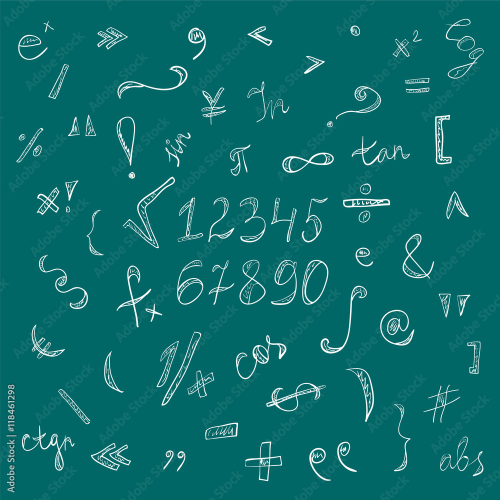 Hand Drawn Doodle Symbols and Numbers.Chalk Scribble Signs on Green Background. Vector Illustration. Hand Drawn Doodle Symbols and Numbers.Chalk Scribble Signs on Green Background. Vector Illustration.