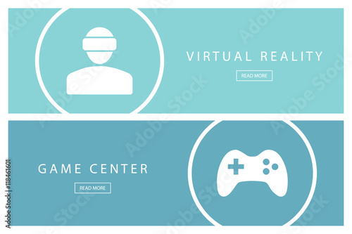 Set of flat design illustration concepts Virtual reality and Game center. Banners for web design, marketing and promotion. Presentation templates. Vector illustration.