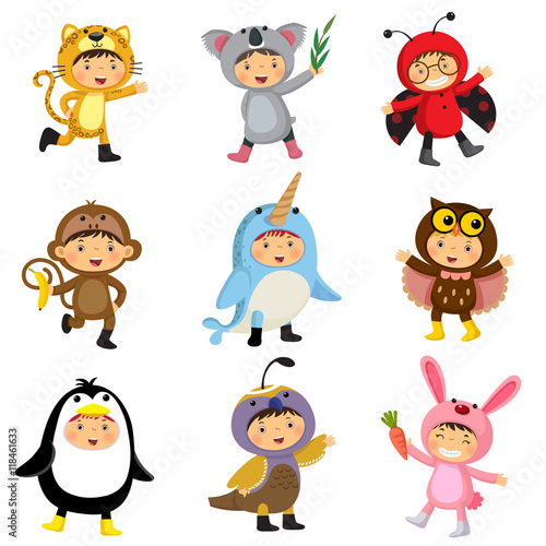 Fototapeta Naklejka Na Ścianę i Meble -  Set of cute kids wearing animal costumes. 