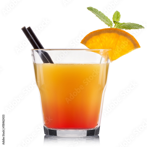 Tableau sur toile Yellow martini cocktail with strawberry isolated on white background