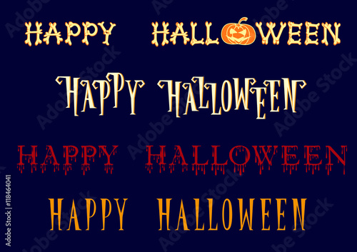 Set of Happy Halloween title in different cartoon style font isolated on dark blue background. Vector illustration