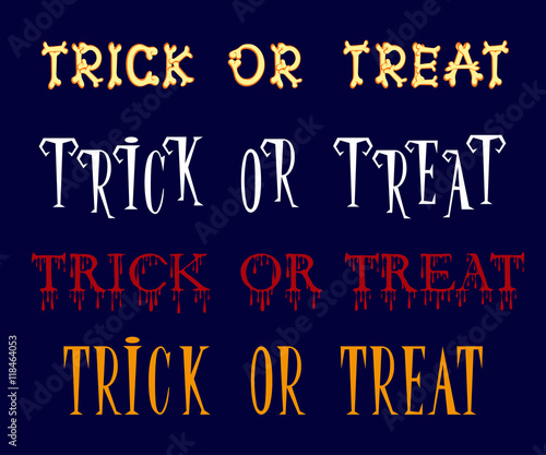 Set of Trick or treat title in different cartoon style font isolated on dark blue background. Vector illustration