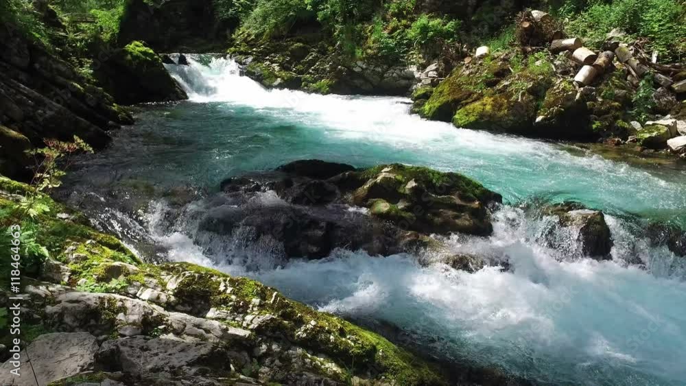 4K. Wild Radovna river flows in Vintgar Gorge. Clean blue water and green forest. Triglav National Park, Julian Alps, Bled valley, Slovenia, Europe. Motion view. 4K. Wild Radovna river flows in Vintgar Gorge. Clean blue water and green forest. Triglav National Park, Julian Alps, Bled valley, Slovenia, Europe. Motion view.