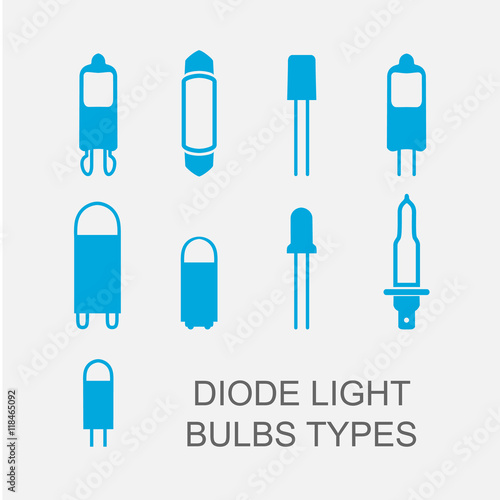 Diode Light bulbs types icon set in blue
