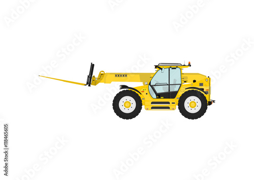 Telescopic handler equipped with fork on a white background. Side view. Flat vector