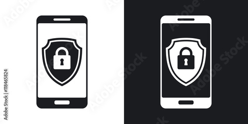 Vector Smartphone icon with a protective shield symbol on a screen. Two-tone version of Smartphone simple icon on black and white background