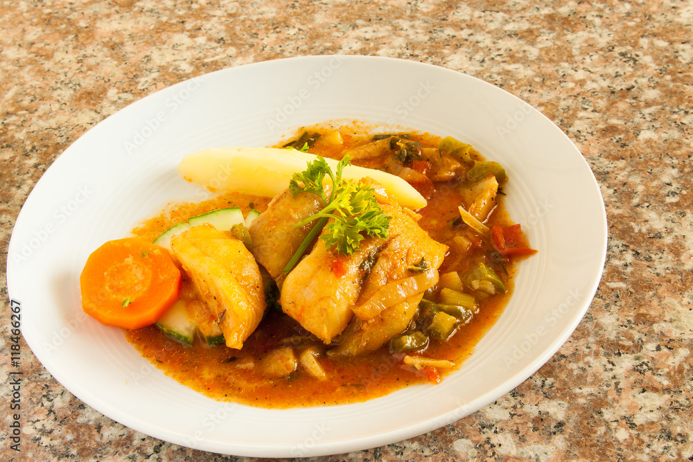 Fish Dish - Steamed Fish Filet Served with Sliced Carrots and Wedged Boiled Potatoes Fish Dish - Steamed Fish Filet Served with Sliced Carrots and Wedged Boiled Potatoes