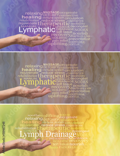 Manual Lymphatic Drainage Word Cloud x 3 - female hand palm facing up with the word LYMPHATIC DRAINAGE above surrounded by relevant words on a fluid like background showing three different colorways