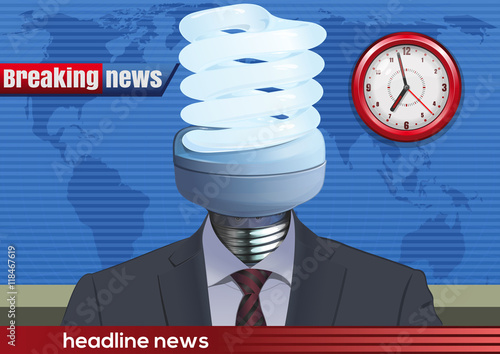 Breaking news. News announcer in the studio with a light bulb instead of the head. Vector illustration