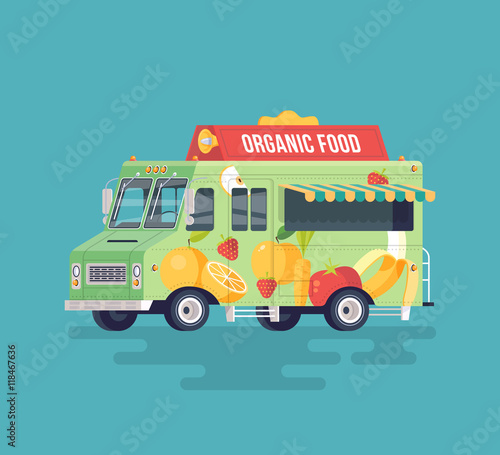 Vector colorful flat organic food truck. Fruits and vegetables delivery wagon. Street cuisine. Cartoon food truck illustration.