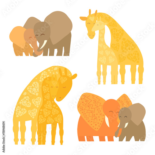 Canvas Print Cute elephants and giraffes - moms and kids.