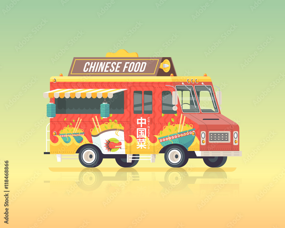 Vector colorful flat Chinese food truck. Traditional Chinese cuisine