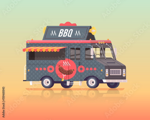 Vector colorful flat barbecue and smoked fried meat truck. Street cuisine. Vintage colors concept illustration.