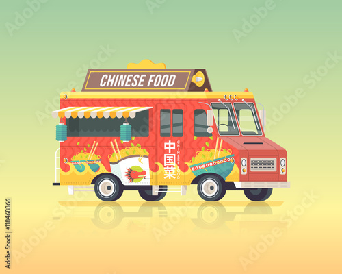 Vector colorful flat Chinese food truck. Traditional Chinese cuisine. Street cuisine. Vintage colors concept illustration.