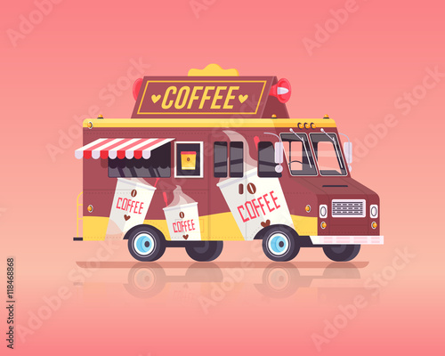 Vector colorful flat coffee truck. Vintage colors concept illustration.