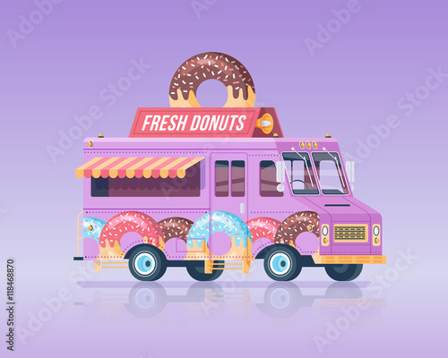 Vector colorful flat donut truck. Vintage colors concept illustration.
