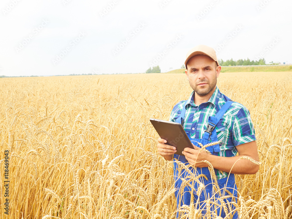 Farmer in a plaid shirt controlled his field and working at tabl Farmer in a plaid shirt controlled his field and working at tabl
