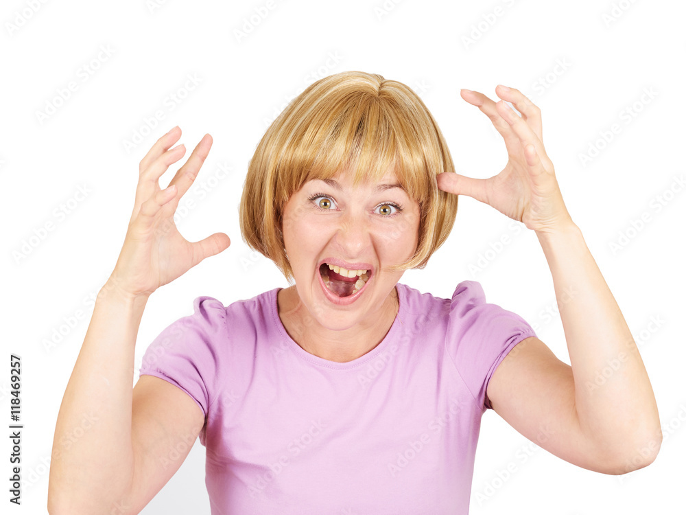 Young woman screams in terror, faces portrait. Young woman screams in terror, faces portrait.