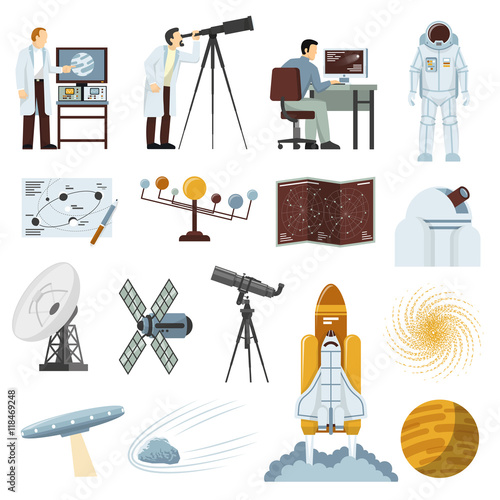 Astronomy Research Equipment Flat Icons Collection 