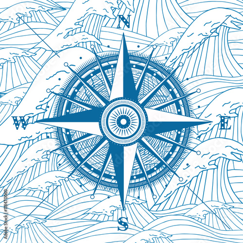 Vector compass rose detailed illustration for vacation project. Travel tool design with sea waves background