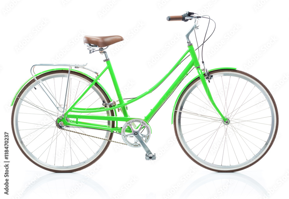 Stylish womens green bicycle isolated on white