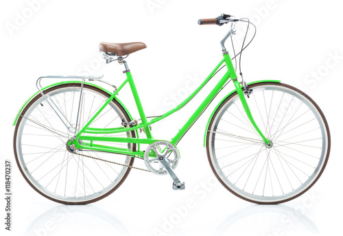 Stylish womens green bicycle isolated on white
