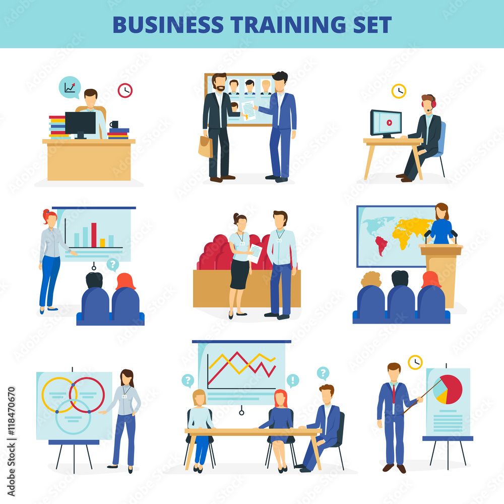 Business Training Workshops Flat Icons Set Business Training Workshops Flat Icons Set